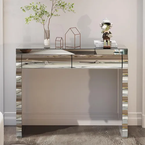 Miniatura 21 de Mesa consola de media luna de 47 pulgadas con cajón de cristal estriado y perilla de cristal, escritorio plateado para entrada, dormitorio, vestidor