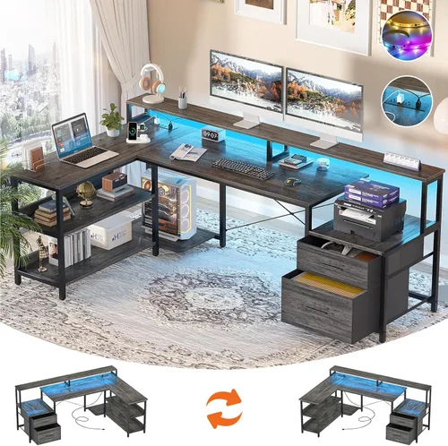 Miniatura 11 de Aheaplus Escritorio en forma de L con cajón de archivos, escritorio reversible en forma de L para computadora de 72.8" con toma de corriente