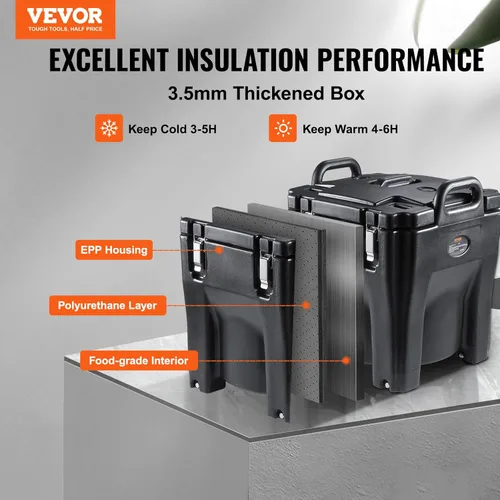 Miniatura 3 de VEVOR Portador de comida aislado, Caja caliente apilable de 32Qt para catering con barril de acero inoxidable, Calentador de alimentos de carga Negro