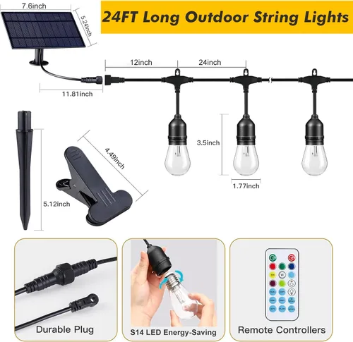 Miniatura 2 de Auroraworld Guirnalda de luces RGB de 24 pies para exteriores, regulables, cambio de color, impermeable, luces LED para patio con control remoto, 12