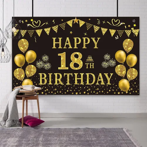 Trgowaul Decoraciones de cumpleaños número 18 para hombres, pancarta de fondo negro y dorado de 5.9 x 3.6 pies, suministros de fotografía de feliz