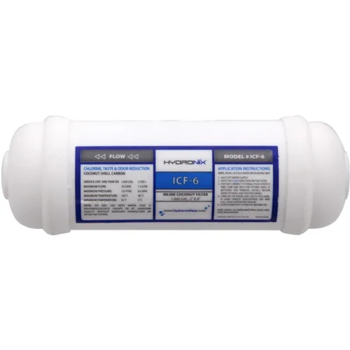 Hydronix ICF-6 Poste de ósmosis inversa en línea, refrigerador y filtro de agua GAC de coco de hielo 2 x 6, 1000 galones, puertos NPT de 1/4"