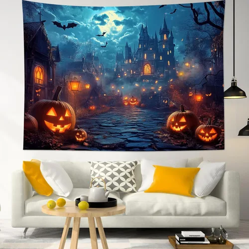 Miniatura 39 de HVEST Tapiz de noche de Halloween, tapiz para colgar en la pared, bosque embrujado con tumba y calabazas, manta de pared para dormitorio, sala