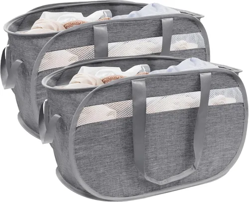 Miniatura 10 de Cesta plegable para la ropa sucia duradera con 2 compartimentos para clasificar y almacenar, cesta portátil para ropa sucia para dormitorio, cuarto