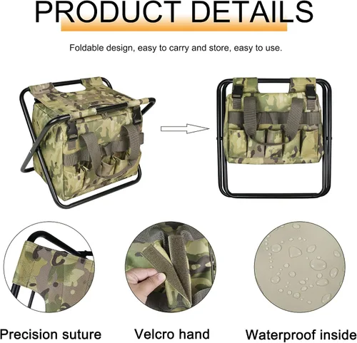 Miniatura 3 de Silla plegable 2 en 1 para acampar con bolsa de almacenamiento de herramientas, asiento de camuflaje para senderismo, asiento de pesca plegable