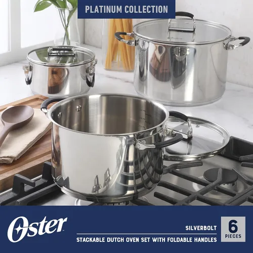 Miniatura 2 de Oster Platinum Silverbolt Juego de 6 piezas de ollas holandesas apilables que ahorran espacio Acero inoxidable (Silverbolt)