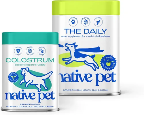 Native Pet The Daily Dog Vitaminas y Suplementos (30 cucharadas) y calostro bovino en polvo (120 cucharadas) – Multivitamínico 11 en 1, alivio de