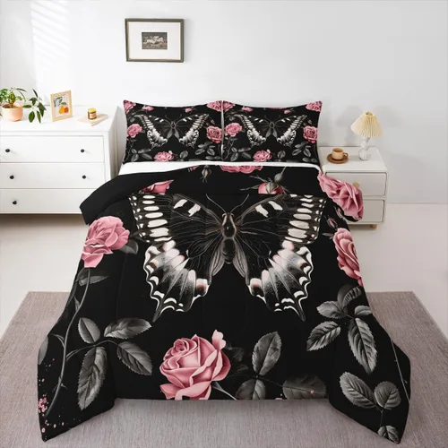Miniatura 17 de Erosebridal Juego de ropa de cama de calavera gótica, flores mandala, mariposa hippie para niñas y niños, edredón de esqueleto de la muerte de Negro