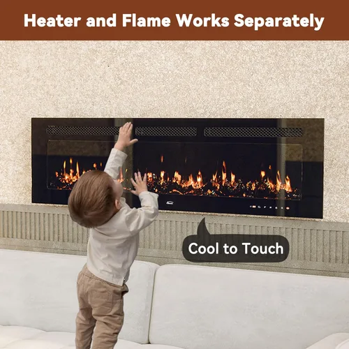 Miniatura 4 de Chimenea eléctrica montada en la pared y empotrada de 60 pulgadas con control remoto temporizador de 8 horas, 12 llamas, pantalla táctil, calentador