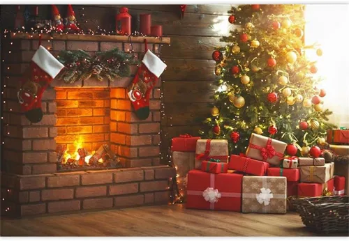 Laeacco Telón de fondo de fotografía de chimenea de Navidad de 7 x 5 pies, telón de fondo de Navidad para interiores, árbol mágico que brilla