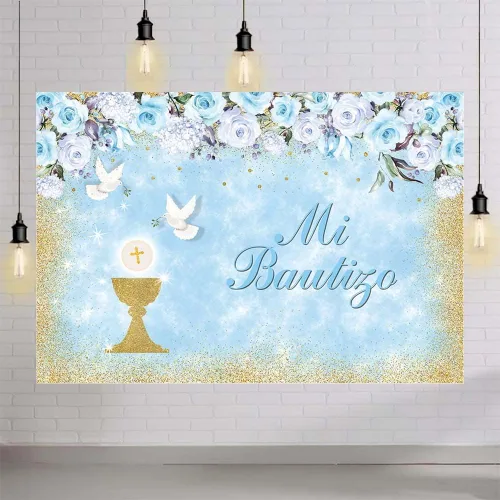 Miniatura 4 de AIBIIN Mi Bautizo - Telón de fondo para niño, cartel de bautizo de palomas de cáliz dorado, fondo para fotografía de bautizo, floral azul, primera