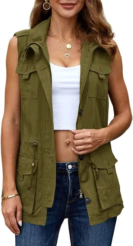 Miniatura 2 de Koodred - Chaleco militar casual para mujer, ligero, sin mangas, con cordón, con bolsillos