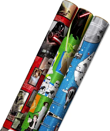 Hallmark Papel de regalo de Star Wars con líneas de corte en el reverso (paquete de 3: 60 pies cuadrados ttl) con Yoda, Darth Vader, Chewbacca,