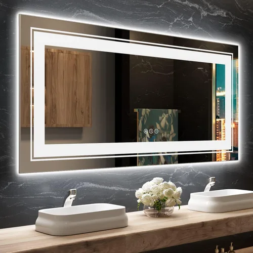 Miniatura 34 de Snowdool Espejo LED de baño, 32 x 32 pulgadas con luz frontal y retroiluminada, antivaho, espejo de tocador de baño para pared, función de memoria