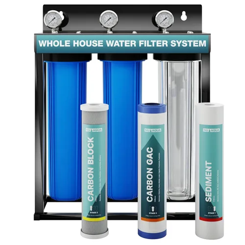 Sistema de Filtro de Agua de 3 Etapas para Toda la Casa Nu Aqua con Manómetros de Presión – Sistema de Filtración de Agua para el Hogar de 20" x
