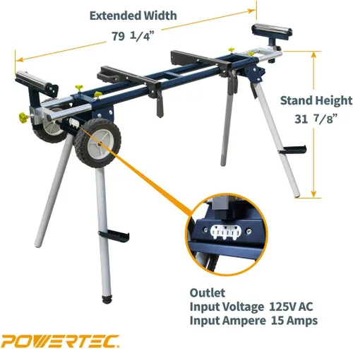 Miniatura 6 de POWERTEC MT4009 - Soporte para sierra de mesa plegable y POWERTEC MT4000 con ruedas de 8 pulgadas y tomas de corriente de 110 V, soportes
