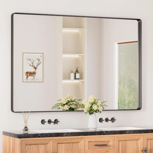 Miniatura 59 de Keonjinn Espejos de baño negros para sobre el fregadero, espejos cuadrados grandes de 36 x 36 pulgadas para pared, espejo rectangular redondeado