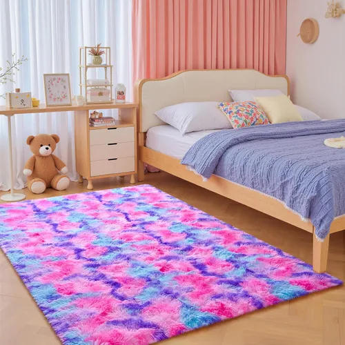 Miniatura 30 de JUNOVO - Alfombra de área lavable, antideslizante, alfombras ultra suaves de 4 x 5.3 pies, alfombras esponjosas para dormitorio, niños, niñas, Azul