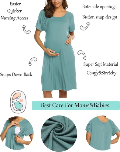 Miniatura 2 de Ekouaer - Camisón con botones y manga corta para mujer, vestido para lactancia, parto, hospital y maternidad, tallas S-XXL