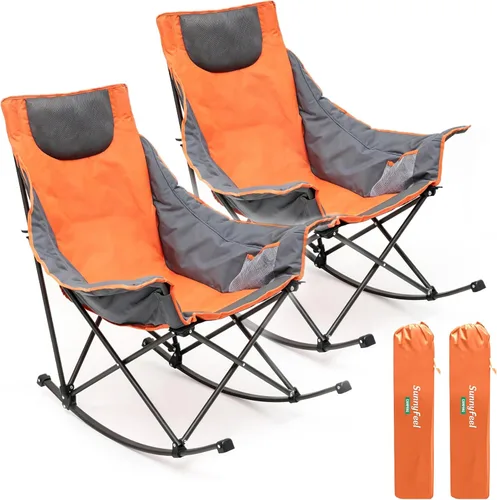 Miniatura 21 de SUNNYFEEL Silla Mecedora de Camping de Gran Tamaño, Silla de Patio Totalmente Acolchada con Bolsillo Lateral, Sillón Reclinable Portátil de Respaldo