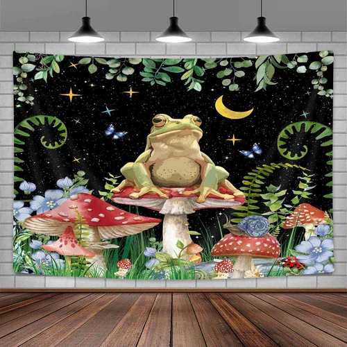 Miniatura 2 de JAWO Tapiz bohemio de hongos de rana, estrellas de luna para colgar en la pared, divertida decoración de casa de campo para dormitorio, sala
