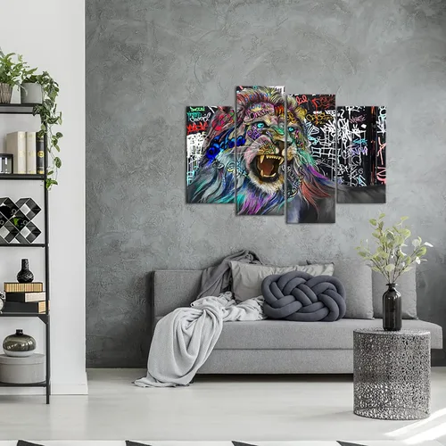 Miniatura 4 de Cuadro de 4 paneles de graffiti en lienzo de animales para decoración de pared, arte abstracto del rey león, lienzo enmarcado en blanco y negro