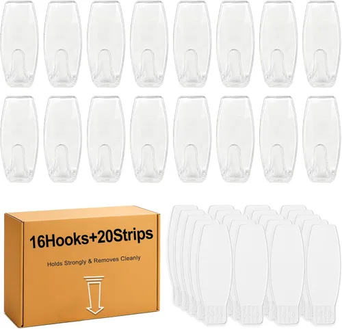 16 ganchos grandes + 20 tiras, ganchos transparentes con tiras extraíbles sin daños, ganchos de pared resistentes para colgar decoración del hogar,