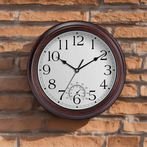 Miniatura 5 de KECYET Reloj de pared para exteriores de 12 pulgadas con termómetros, reloj de pared silencioso vintage que funciona con pilas, reloj retro sin