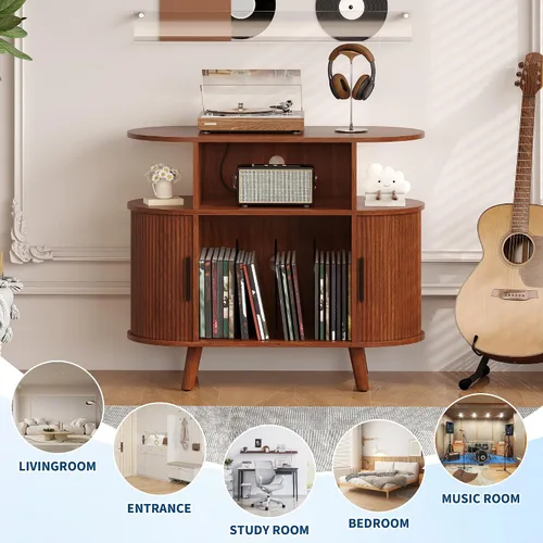 Miniatura 4 de GarveeHome Soporte redondo grande para tocadiscos con estación de carga y puertos USB, soporte para tocadiscos de vinilo rústico, gabinete
