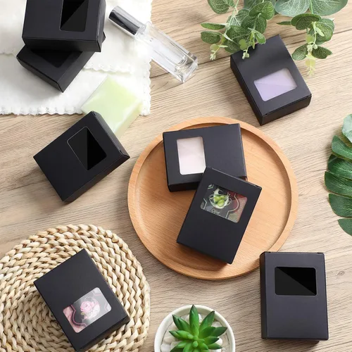 Miniatura 4 de Spakon 30 cajas de jabón de papel kraft negro con ventana, 3.5 x 2.6 x 1.2 pulgadas, se adapta a hasta 4 jabones hechos a mano, caja de regalo