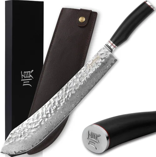 Miniatura 9 de YOUSUNLONG Breaking Knife Max Bull Nose Cuchillo de carnicero japonés de 12 pulgadas, 67 capas de acero de Damasco martillado con mango de madera
