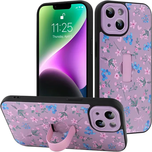 Miniatura 123 de Funda diseñada para iPhone 17 Pro Max con soporte plegable y correa para dedos, bonito patrón de lazo de corazón de flor rosa para mujeres y niñas