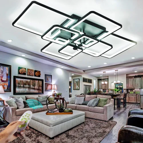 Miniatura 9 de Lámpara de techo regulable, moderna lámpara de techo LED negra, lámpara de sala de estar de 78 W con 6 diseños geométricos rectangulares