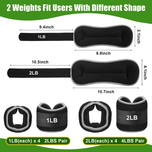 Miniatura 2 de Hollowfly Juego de 4 pares de pesas ajustables para tobillo y pierna para mujeres y hombres, 1 libra y 2 libras de peso para muñeca, brazo, fitness