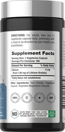 Miniatura 2 de Horbäach Orotato de litio 130 mg 180 cápsulas Sin OMG, sin gluten, vegano 5 mg de litio elemental biodisponible