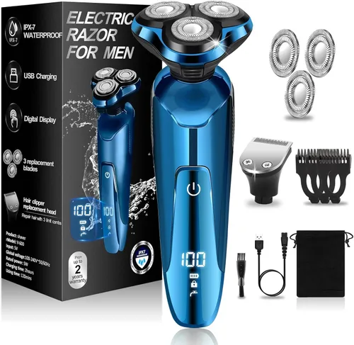 Mens Electric Shaver, 4D Floating Head High-Speed Motor IPX7 Waterproof, Fast Charging Cordless Electric Razor with Pop-Up Trimmer & Replaceable