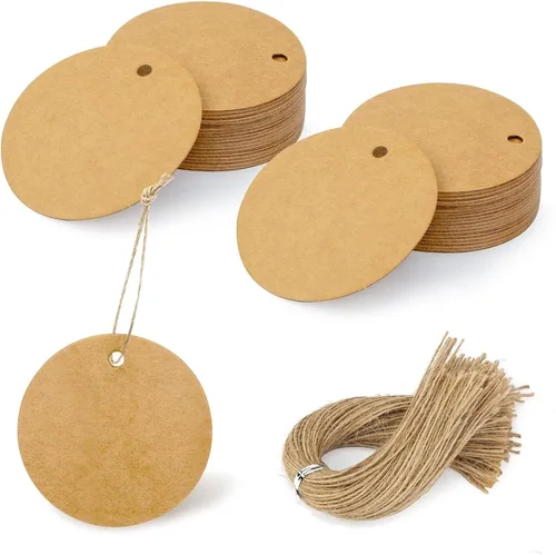SallyFashion 160 etiquetas de regalo con cuerda adjunta, etiquetas de regalo redondas marrones de 2.2 x 2.2 pulgadas circulares de papel kraft para