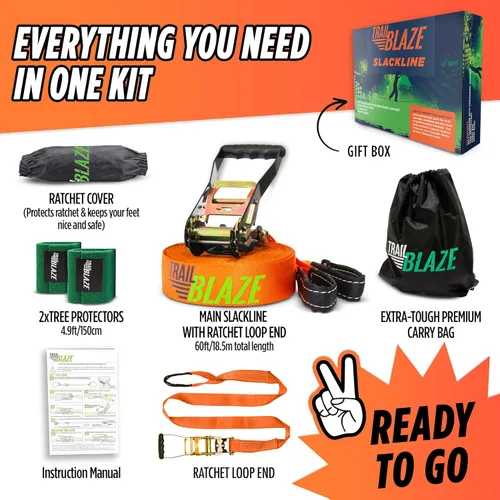 Miniatura 4 de Kit completo de ninja Slackline – Línea de holgura de 60 pies para patio trasero para niños y adultos – Kit de protección de árboles más anchos