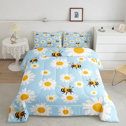 Erosebridal Juego de edredón de abeja de dibujos animados, tamaño individual, juego de ropa de cama floral de margarita blanca lisa para niños y