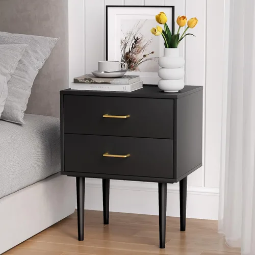 Miniatura 14 de Mesita de noche, mesita de noche negra y dorada con panel estriado, mesa de cabecera con 2 cajones, mesita de noche moderna grande de mediados