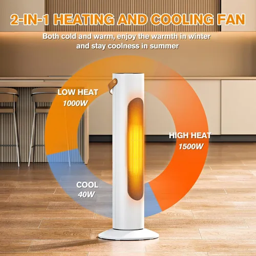 Miniatura 2 de Calentadores eléctricos para uso en interiores, 25 pulgadas, calentador de torre 2 en 1 y ventilador, oscilación de 70°, calentamiento instantáneo