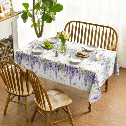 Miniatura 2 de Horaldaily Mantel rectangular de primavera de 52 x 70 pulgadas, hojas de libélula de glicina morada, lavable, para decoración de fiestas, pícnic