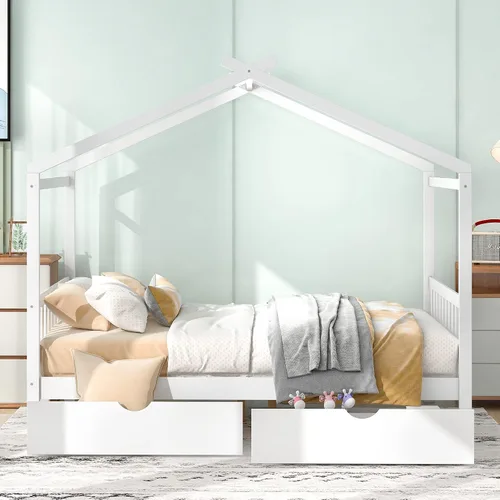 Miniatura 3 de P PURLOVE Cama de casa de tamaño matrimonial para niños, adolescentes, plataforma de almacenamiento de madera con cajones, cabecero y estribo, cama