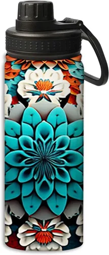 Miniatura 20 de Botella de agua de acero inoxidable de 18 onzas con diseño floral de flores en una noche negra, aislada al vacío, de doble pared, a prueba de fugas