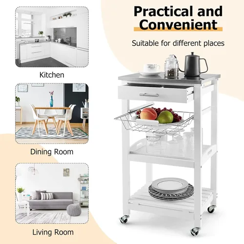Miniatura 8 de GLACER Isla de cocina sobre ruedas, carrito de isla de cocina rodante con parte superior de acero inoxidable, carrito de almacenamiento con ruedas