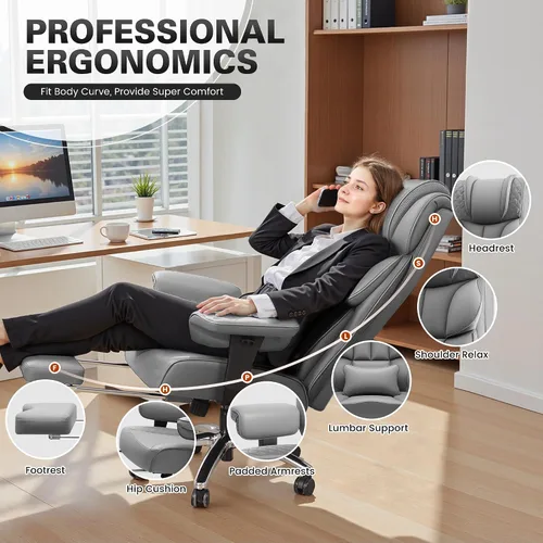 Miniatura 3 de BestGlory Silla de escritorio de oficina, silla de juegos de cuero grande y alta con reposapiés, sillas de computadora reclinables ejecutivas Gris