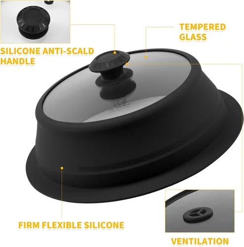 Miniatura 9 de Tapa plegable para salpicaduras de microondas con cubierta de vidrio templado ventilado, tapa wok apta para microondas, olla de vapor y olla redonda