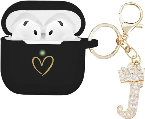 Miniatura 24 de Compatible con AirPods 4 Cover 2024, funda de silicona suave con patrón de corazón dorado para 4ª generación, llavero de letra A-Z con diamantes