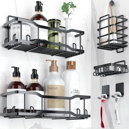 Estantes de Ducha para Baño, El Juego Athena Silken de 4, Capacidad de 40 Libras, Cinta Adhesiva Sin Taladro - A Prueba de Óxido - Magnífico Negro