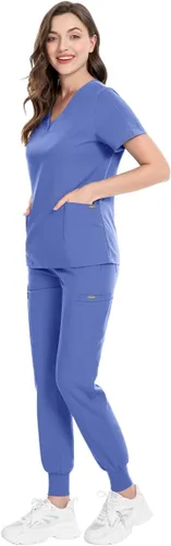 niaahinn Conjunto de traje médico para mujer, moderno cuello en V + pierna con cordón, pantalones deportivos para enfermería médica (ceil, talla M)